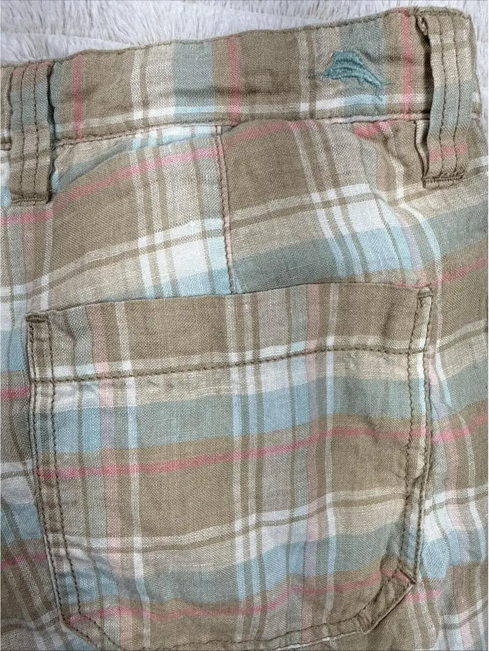 Tommy Bahama Shorts Mens‎ 32x9” Beige Plaid Reversible Green 100% Linen Summer